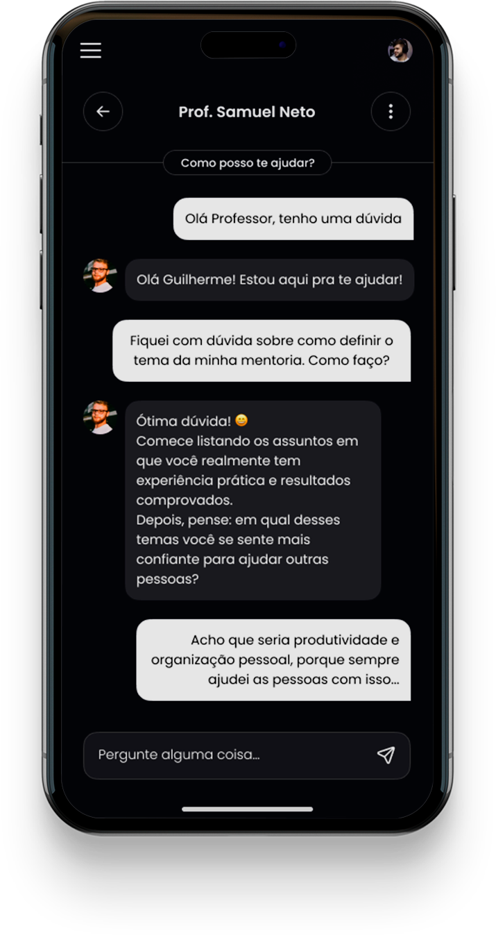 Expert Agent — chat de IA com o Prof. Samuel Neto tirando dúvidas do aluno dentro do app