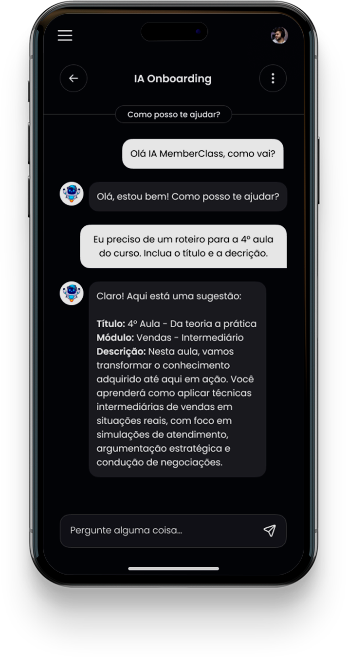 IA de onboarding gerando roteiro de aula dentro do app
