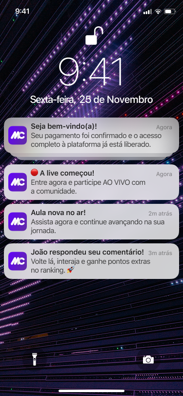 Notificações push na tela de bloqueio: boas-vindas, live ao vivo, aula nova e resposta de comentário
