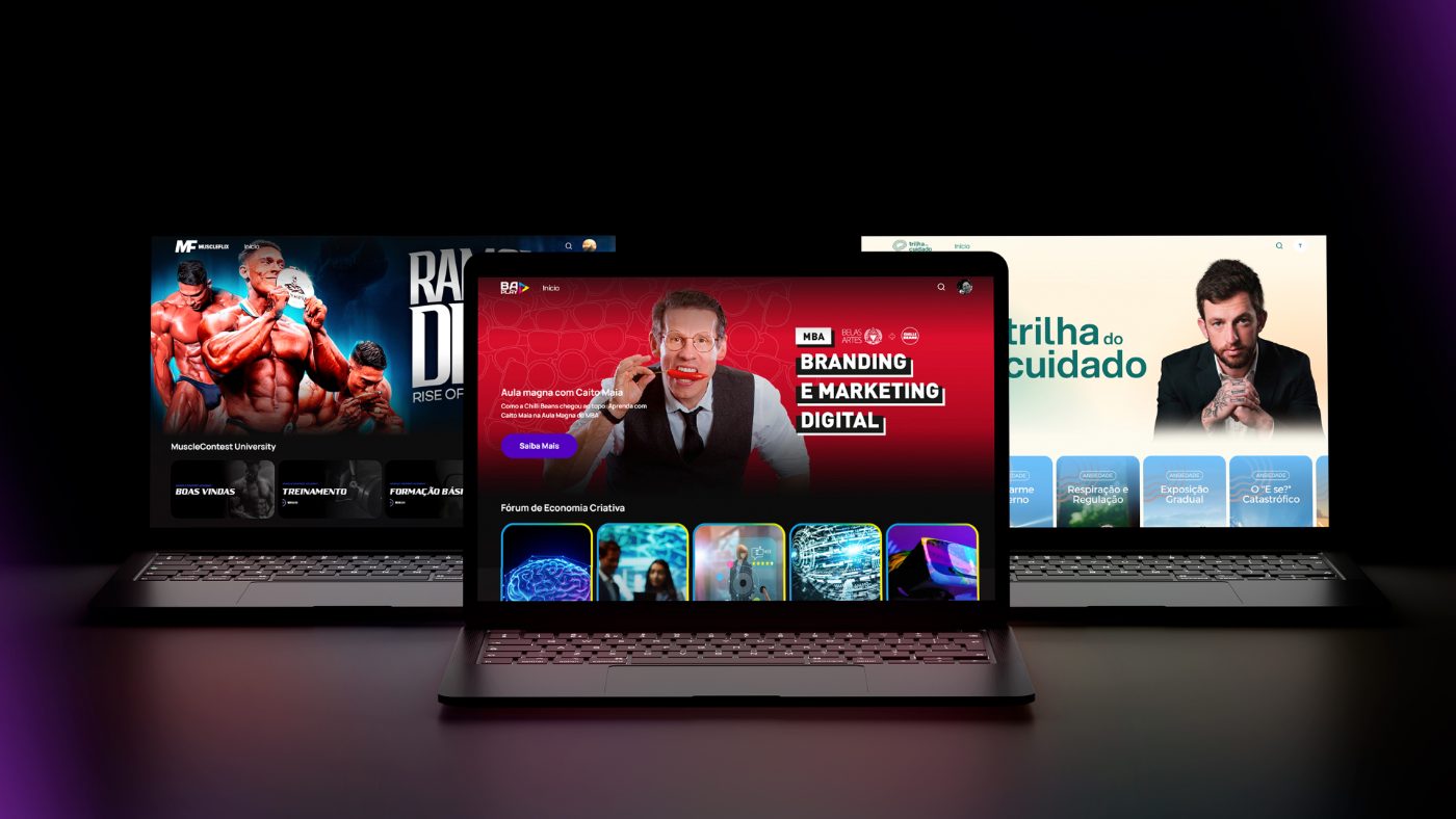 Áreas de membros premium em diferentes marcas — MuscleFlix, BA Play e Trilha do Cuidado