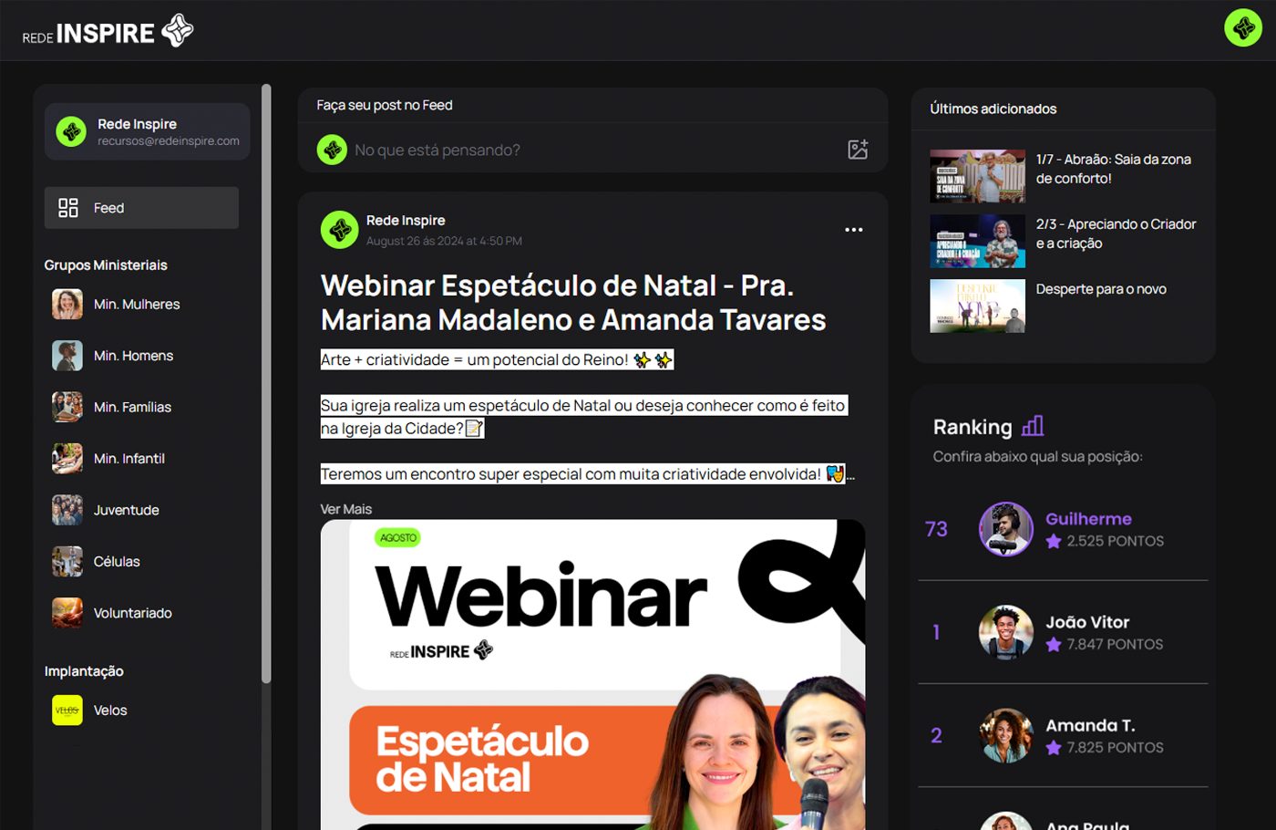 Feed da comunidade Rede Inspire com grupos, posts, ranking e últimos adicionados