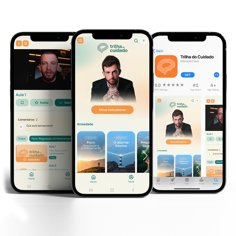 App próprio Trilha do Cuidado — área de membros com home, trilhas e ficha na App Store
